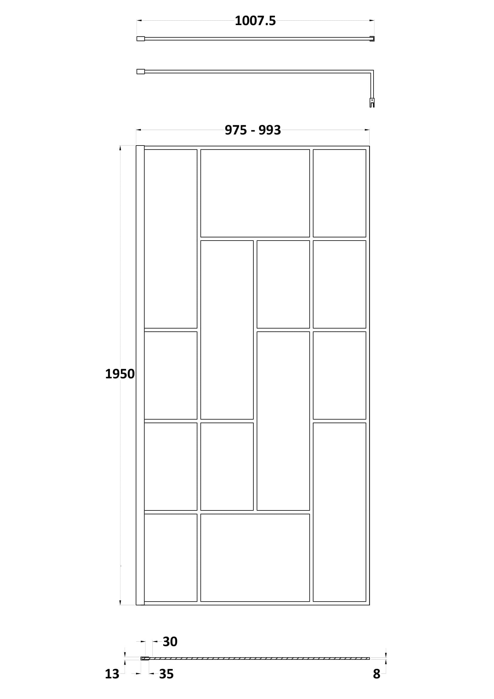Aspect 8mm Glass Abstract Frame Wetroom Panel With Support Bar - Matt Black