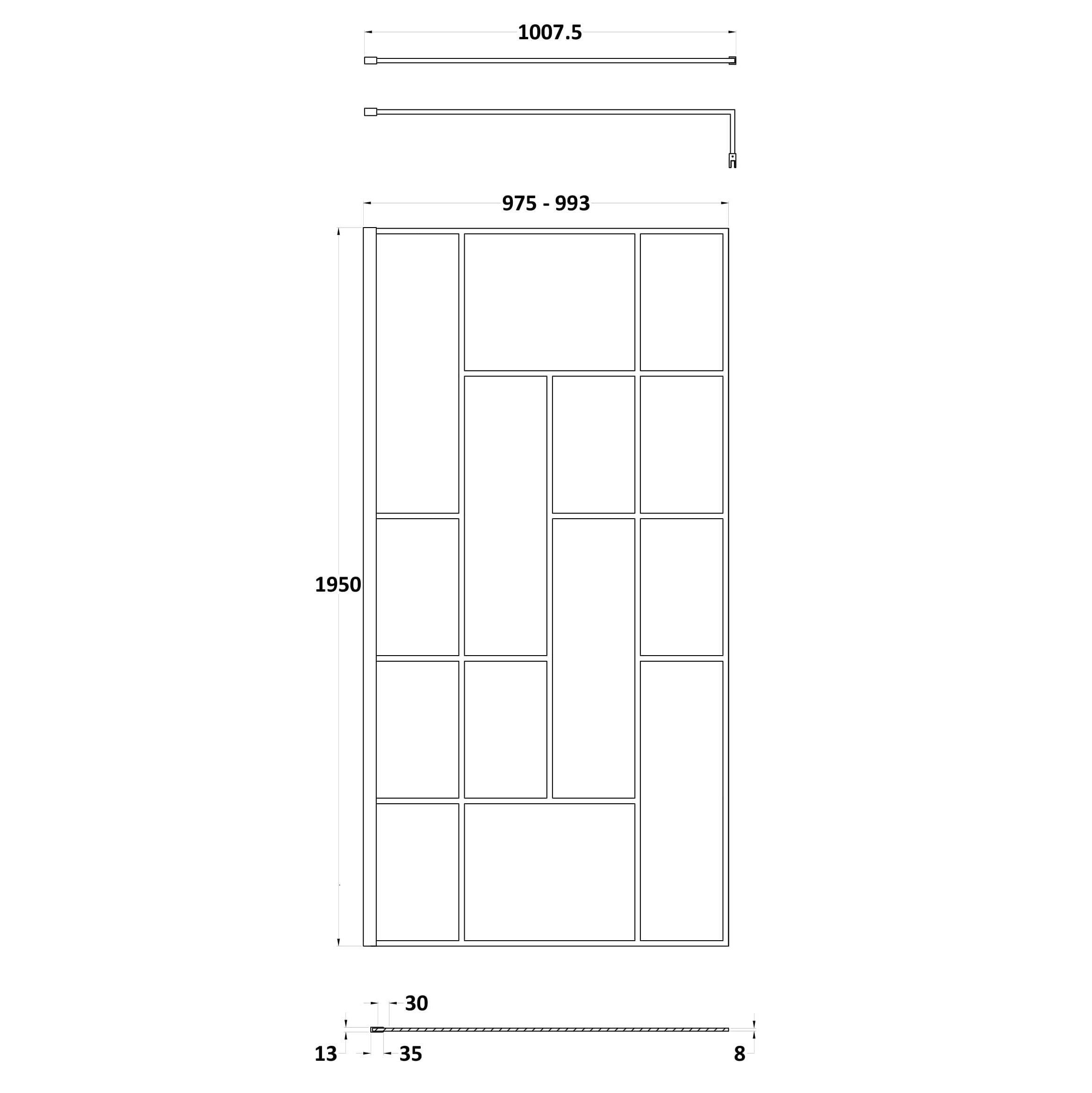 Aspect 8mm Glass Abstract Frame Wetroom Panel With Support Bar - Matt Black