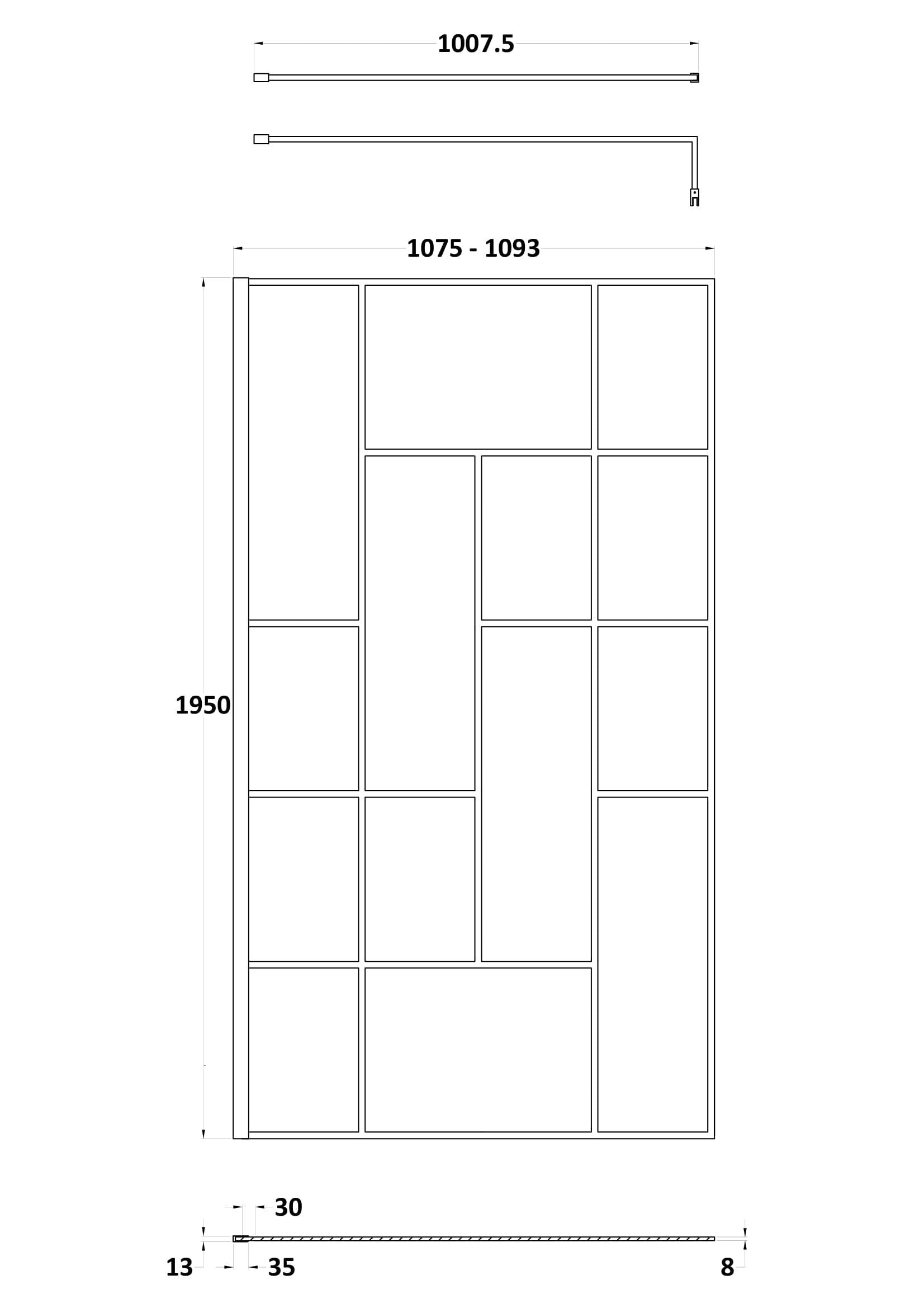 Aspect 8mm Glass Abstract Frame Wetroom Panel With Support Bar - Matt Black