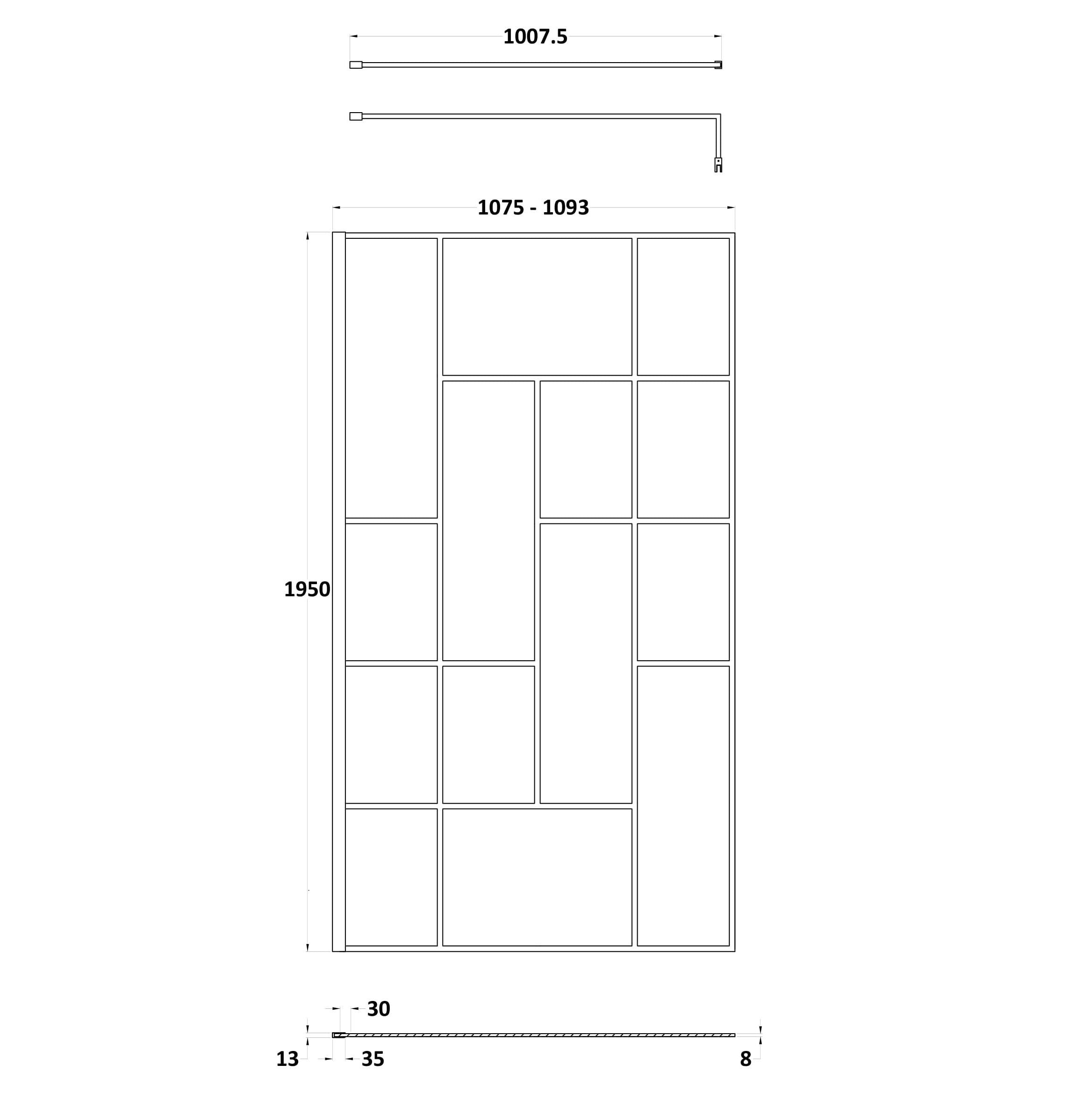 Aspect 8mm Glass Abstract Frame Wetroom Panel With Support Bar - Matt Black