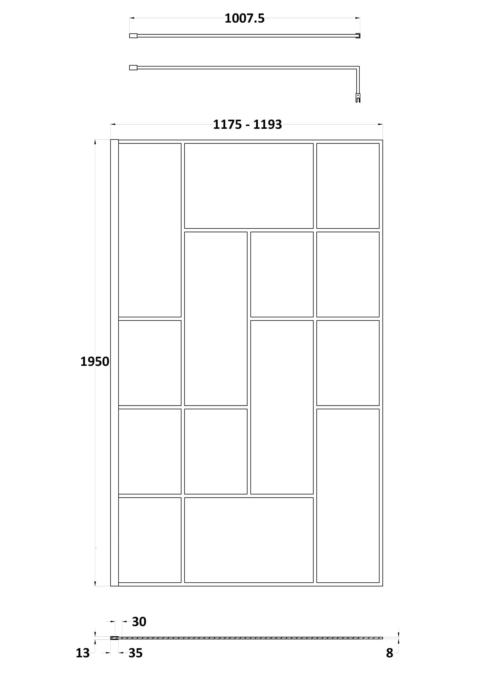 Aspect 8mm Glass Abstract Frame Wetroom Panel With Support Bar - Matt Black