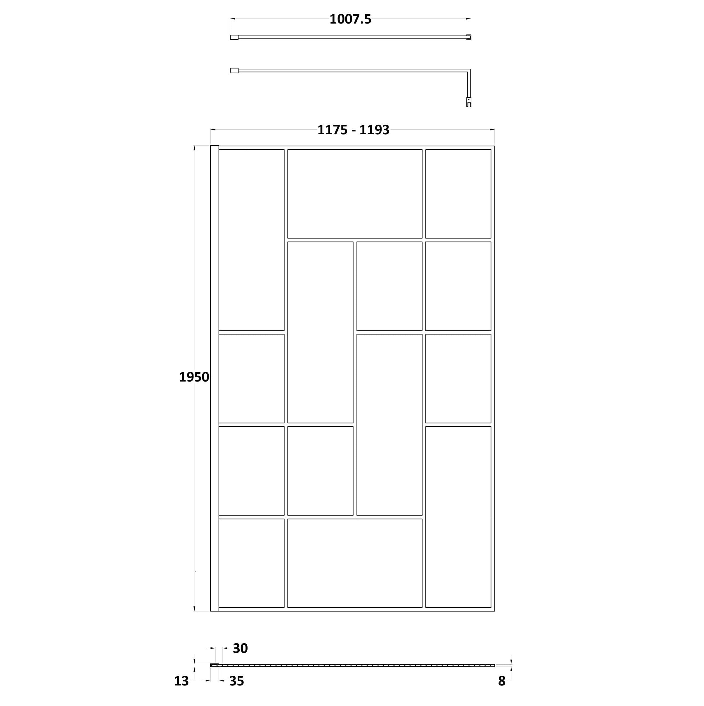 Aspect 8mm Glass Abstract Frame Wetroom Panel With Support Bar - Matt Black