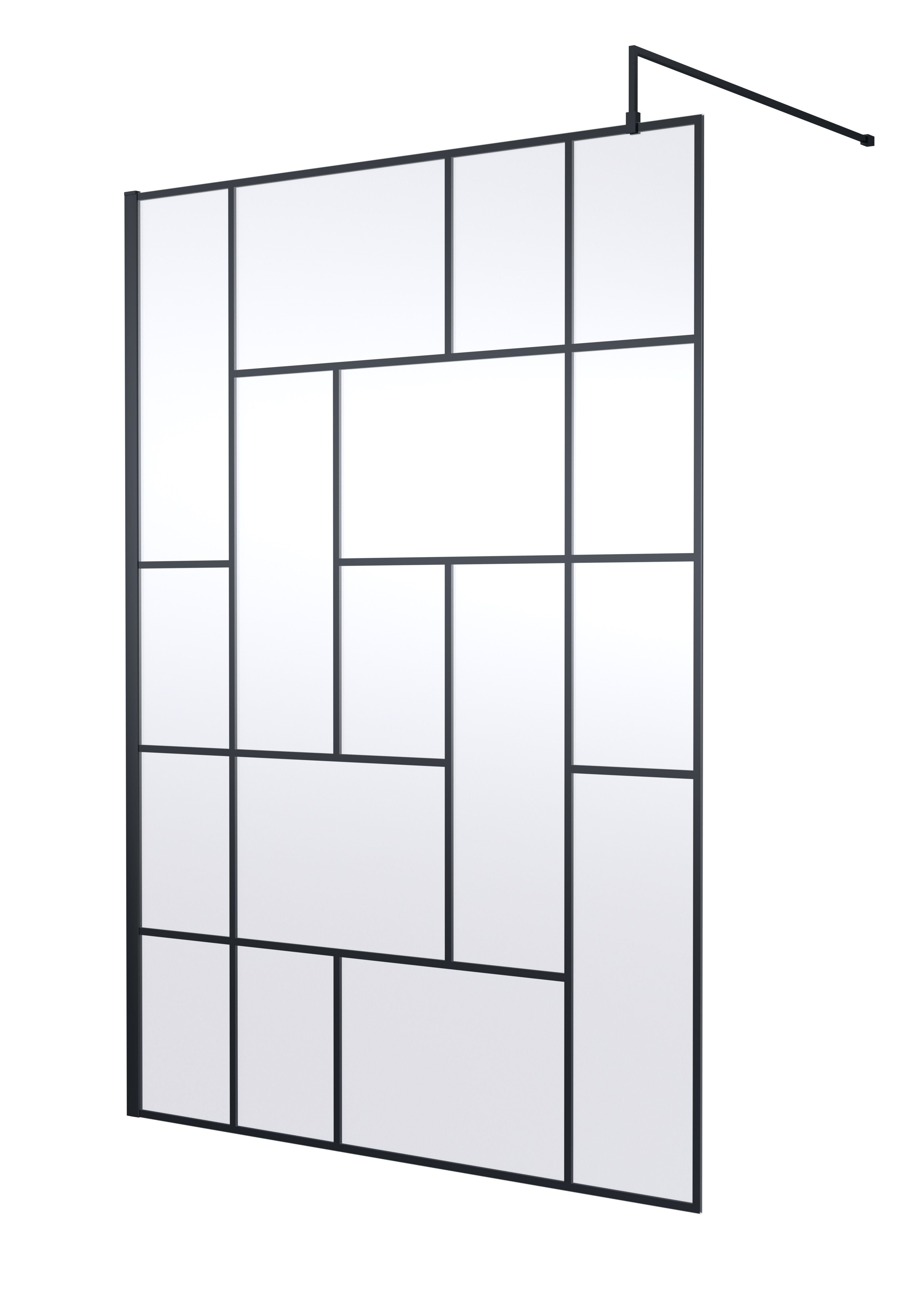 Aspect 8mm Glass Abstract Frame Wetroom Screen With Support Bar - Matt Black