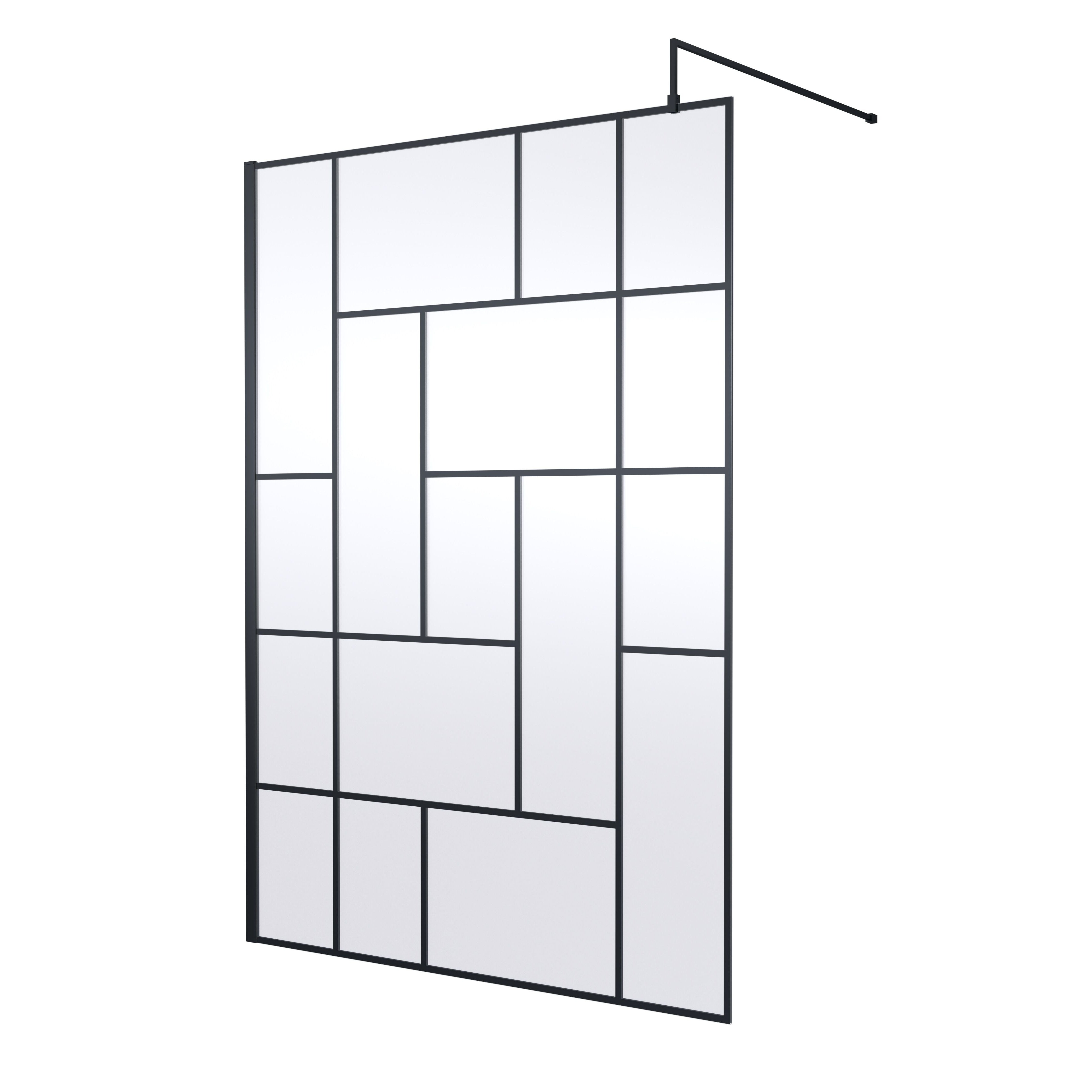 Aspect 8mm Glass Abstract Frame Wetroom Panel With Support Bar - Matt Black