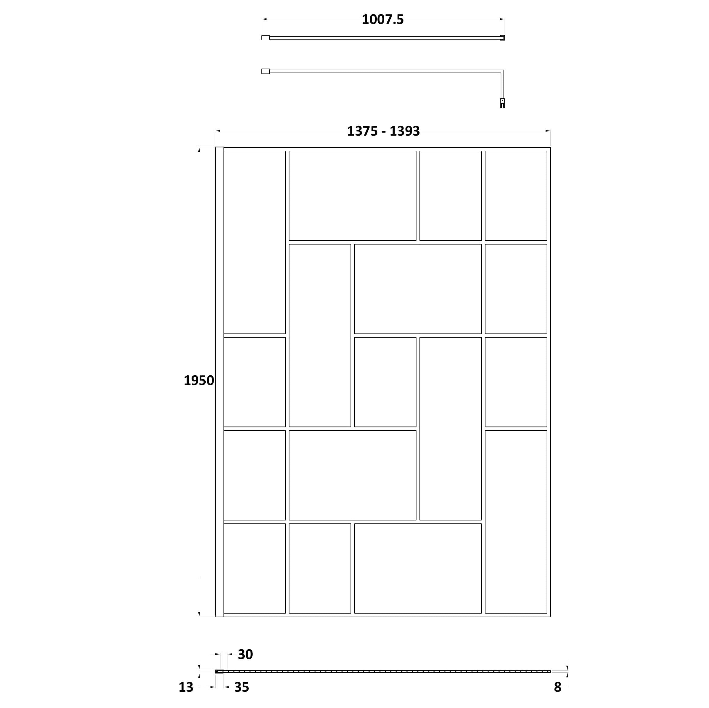 Aspect 8mm Glass Abstract Frame Wetroom Panel With Support Bar - Matt Black