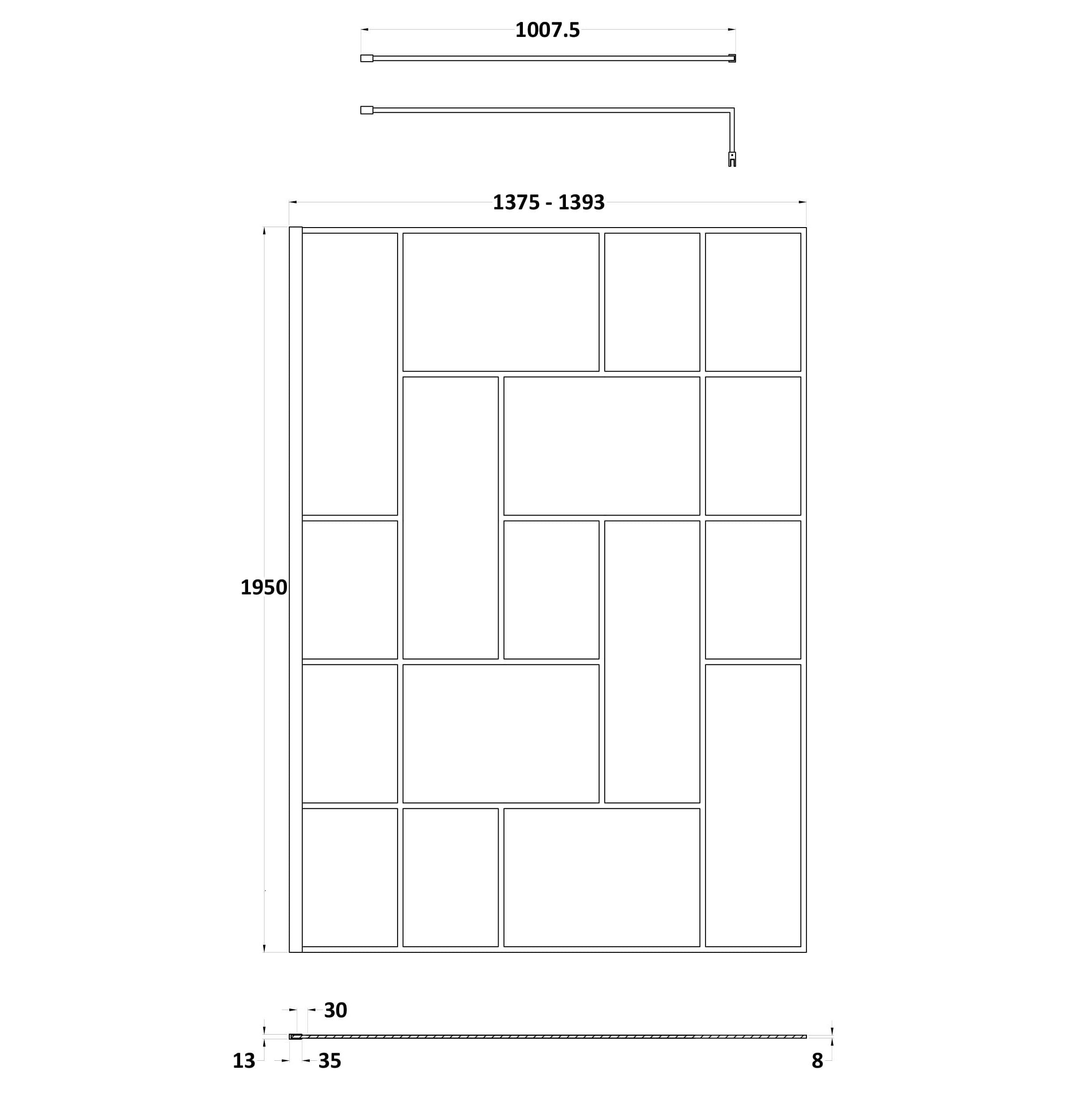 Aspect 8mm Glass Abstract Frame Wetroom Panel With Support Bar - Matt Black