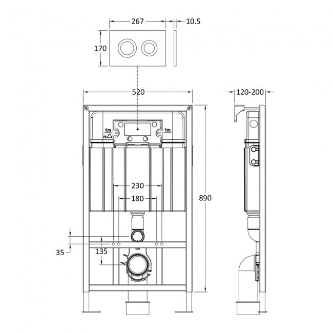 Nio Mid-Height Wall Hung Toilet Frame with Dual Flush Concealed Cistern and Flush Plate