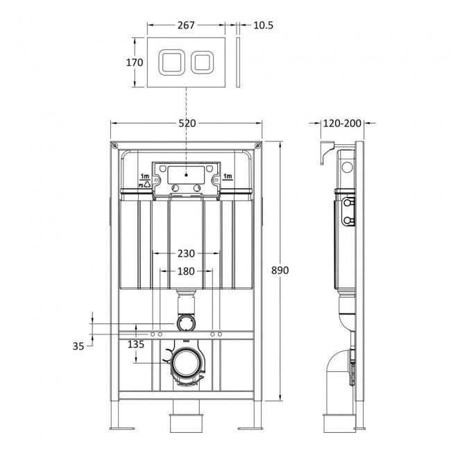 Nio Mid-Height Wall Hung Toilet Frame with Dual Flush Concealed Cistern and Flush Plate