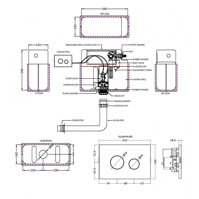 Trio Pneumatic Concealed Cistern with Flush Button - White