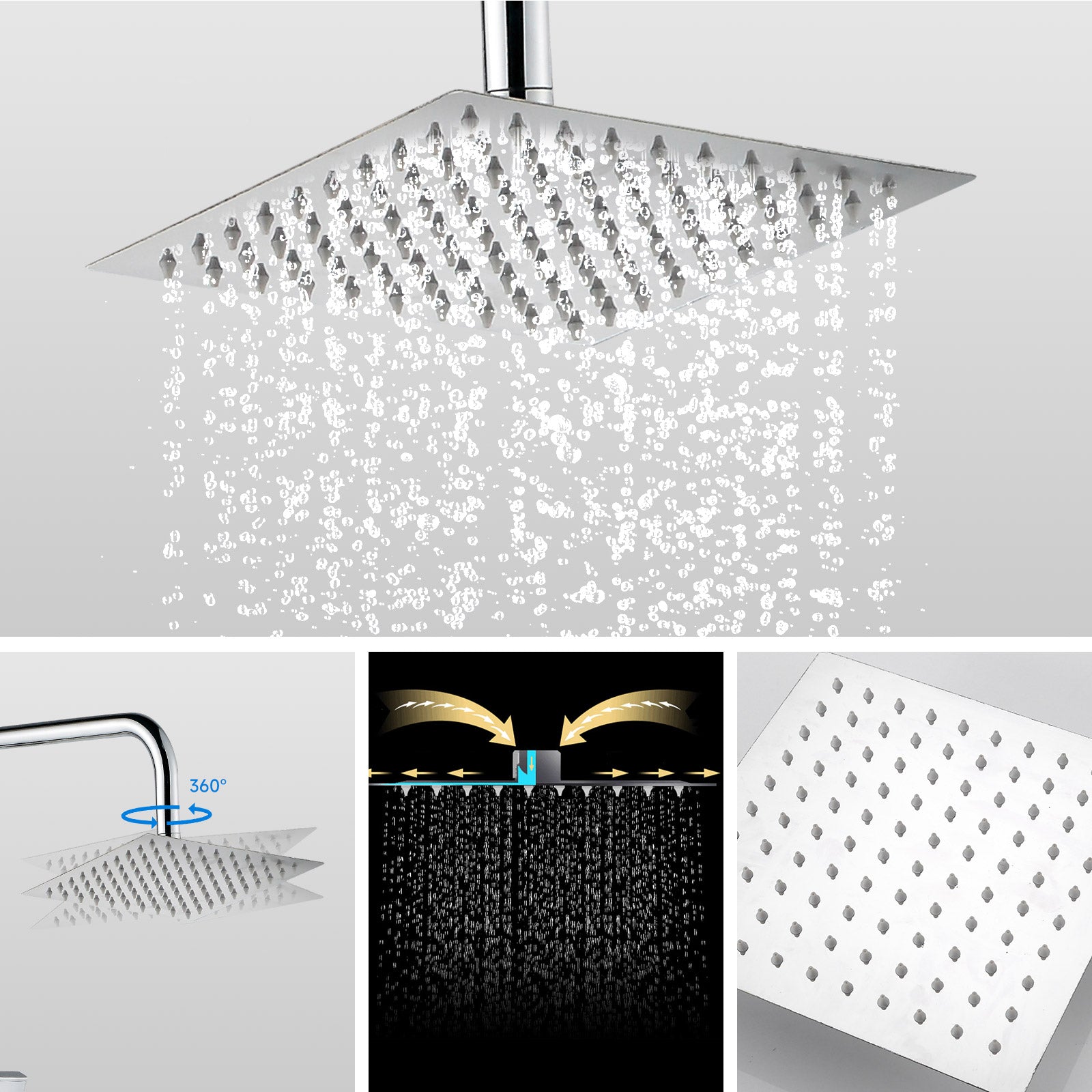 iBathUK Elevex 2 Way Shower Riser Rail Kit with SS Fixed Head & Diverter, Square Design with Universal Fittings, Shower Riser Rail, Chrome, H110 x W20 x D44cm