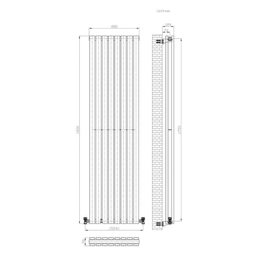 VeeBath Heating > Designer Radiators 1800x480mm + White Cannes Designer Vertical Double Column Flat Panel Radiator with Angled Valve