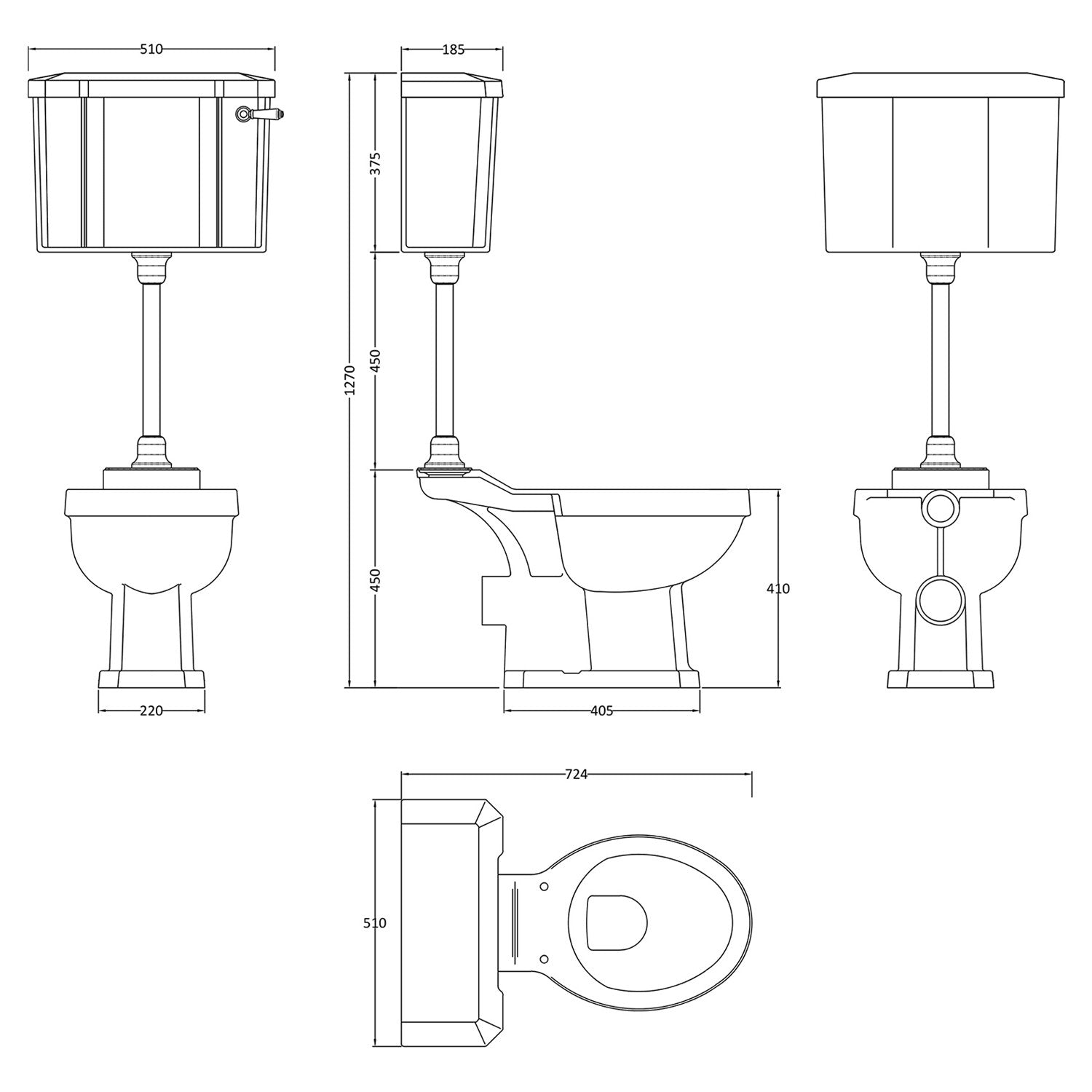 Classique Medium Level Toilet  with Lever Cistern, Seat & Flush Pipe Kit - White
