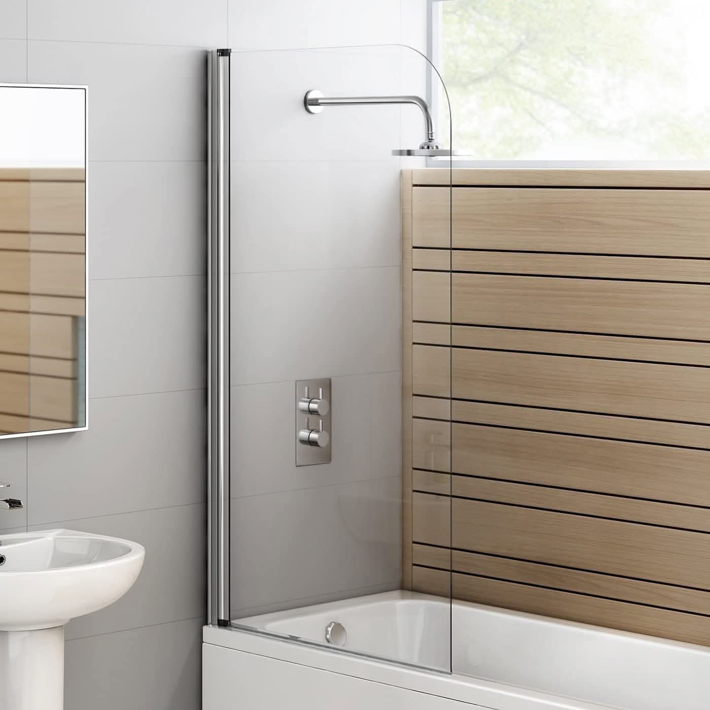 Modern Curved Edge Straight Bath Screen - 6mm Glass - 1400mm x 800mm - Chrome