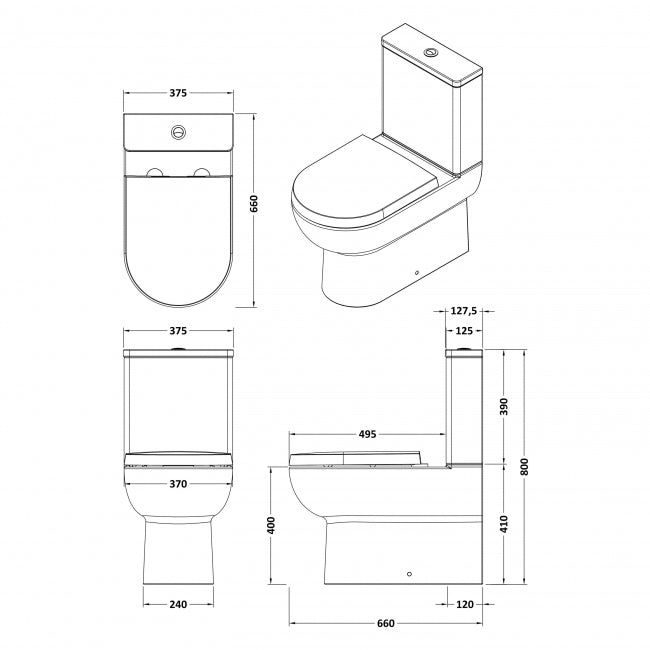 Regal Rimless Close Coupled Toilet with Cistern & Seat Options - White
