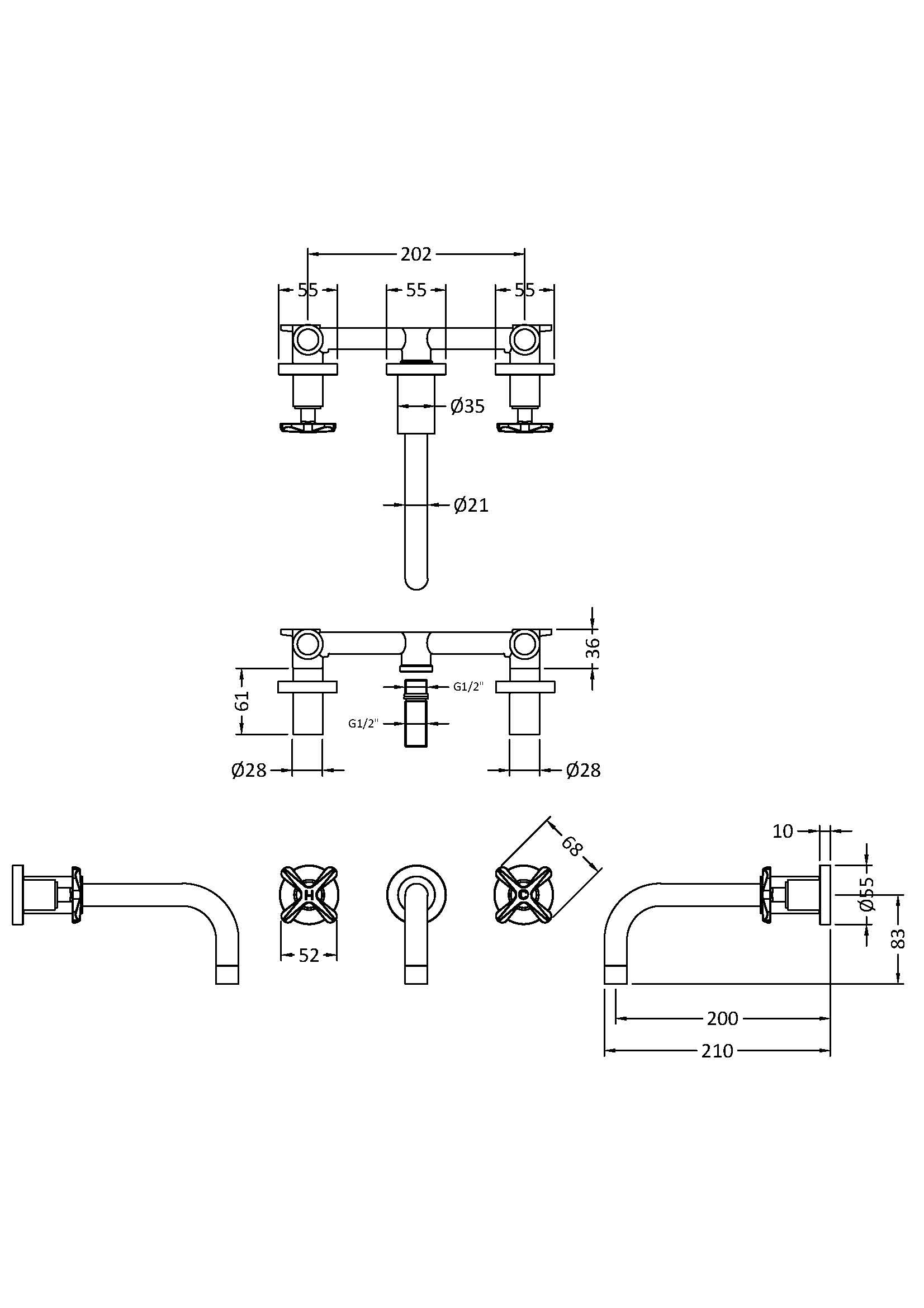 Cylin 3 Tap Hole Wall Mounted Basin Mixer