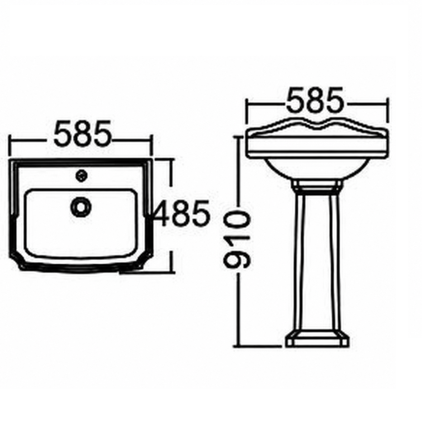 Elizabeth Traditional Basin with Full Pedestal - 580mm Wide - 1 TH - White