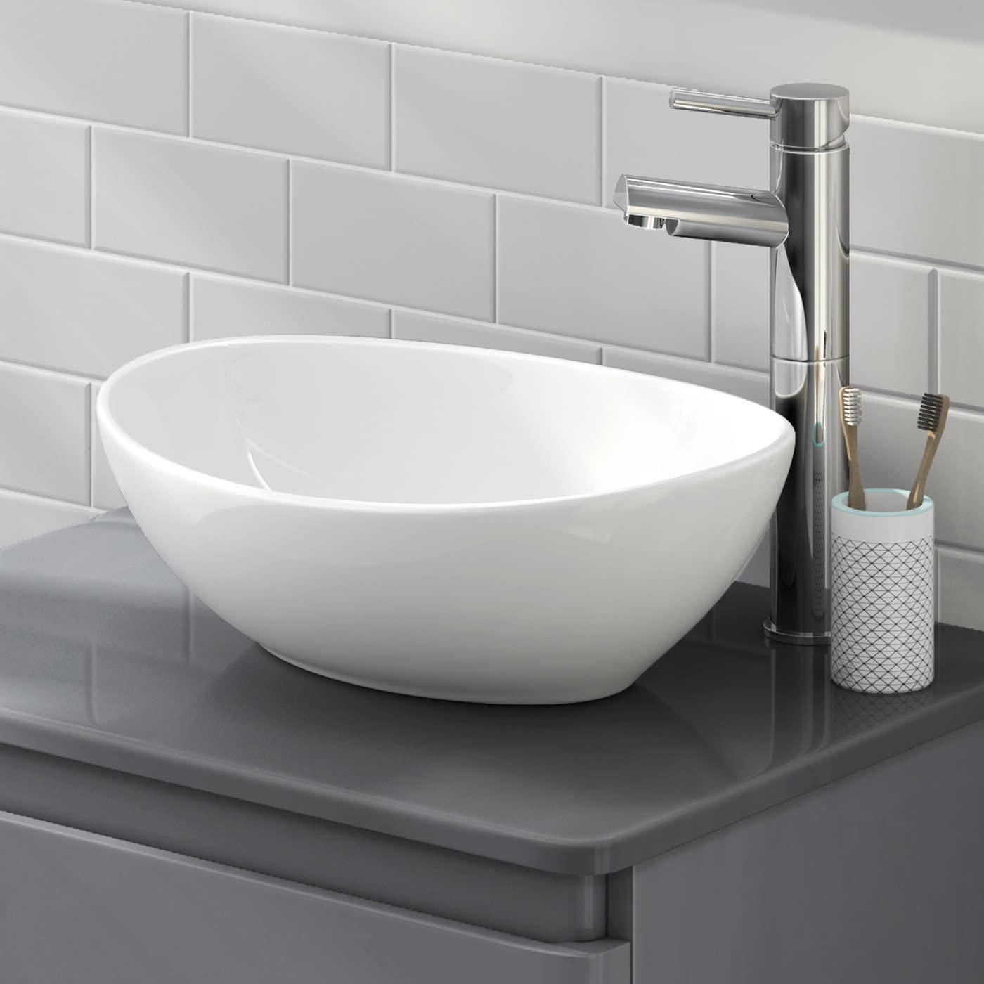 Modern Oval Ceramic Countertop Basin - 410mm x 335mm - Gloss White