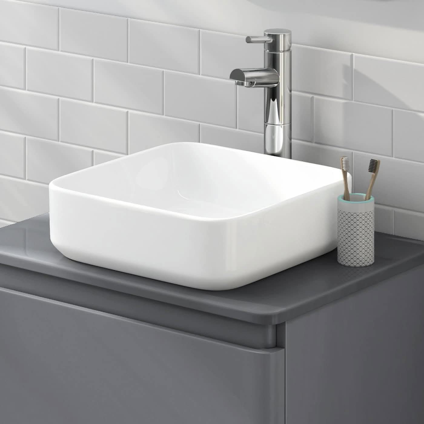 Modern Square Ceramic Countertop Basin - 390mm x 390mm - Gloss White