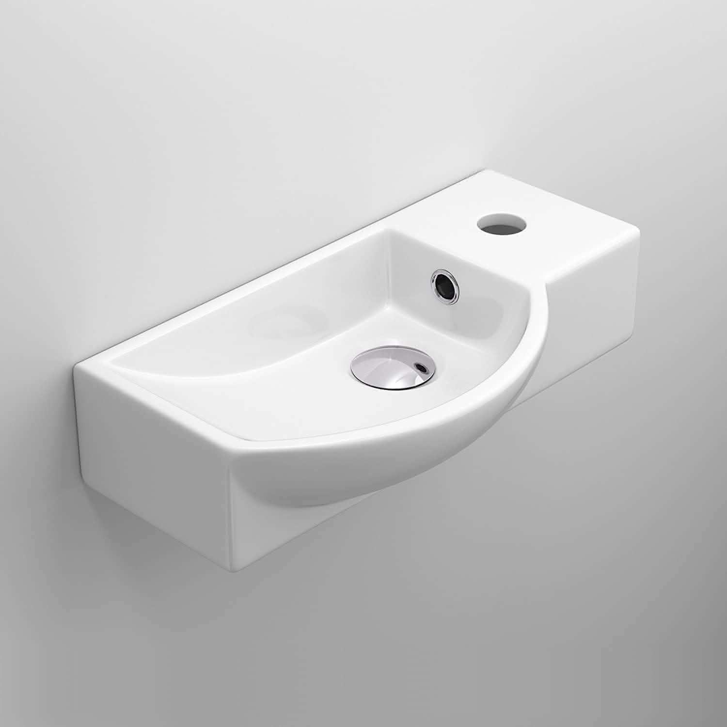 Modern Curved Ceramic Compact Cloakroom Wall Hung Basin - Left Handed - 460mm x 240mm - Gloss White