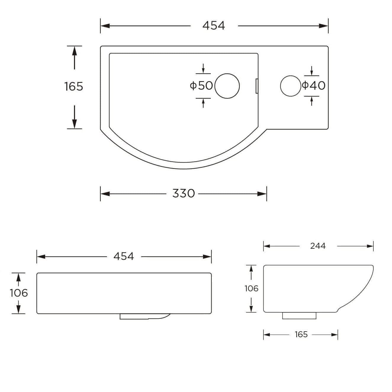 Modern Curved Ceramic Compact Cloakroom Wall Hung Basin - Left Handed - 460mm x 240mm - Gloss White