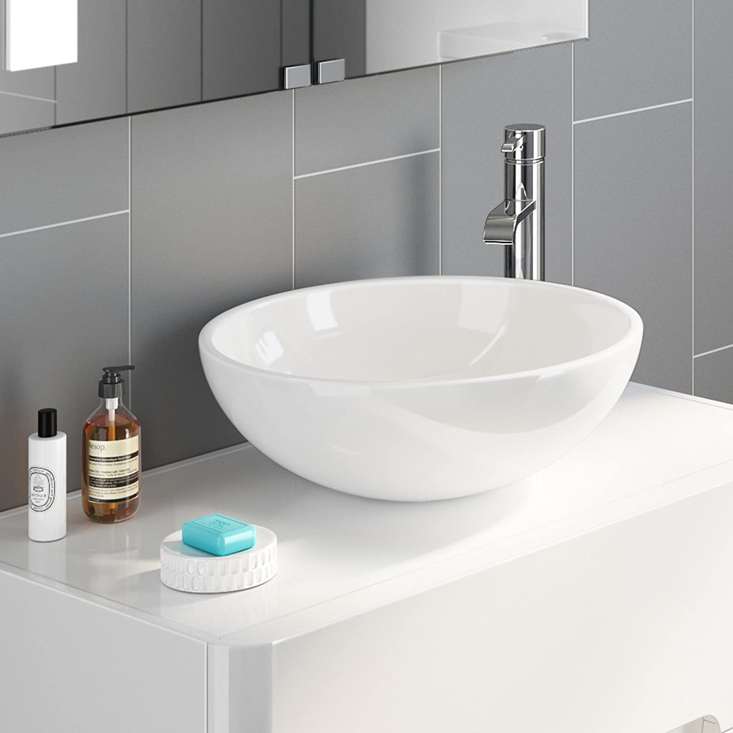 Modern Round Ceramic Cloakroom Countertop Basin - 415mm x 415mm - Gloss White