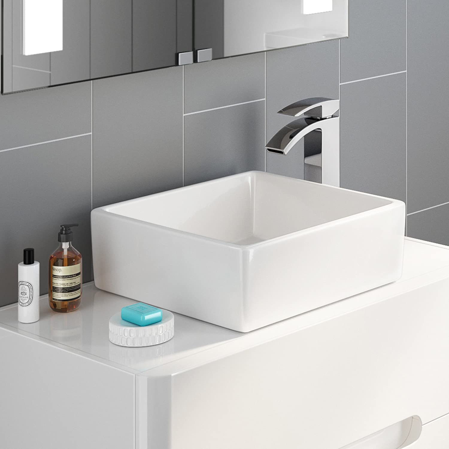 Modern Square Ceramic Cloakroom Countertop Basin - 380mm x 380mm - Gloss White