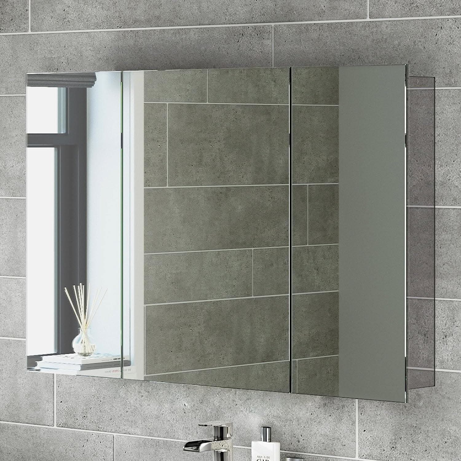 iBathUK Furniture > Mirrors Mirror Cabinet 3 Doors Storage Unit Stainless Steel 600 x 900mm