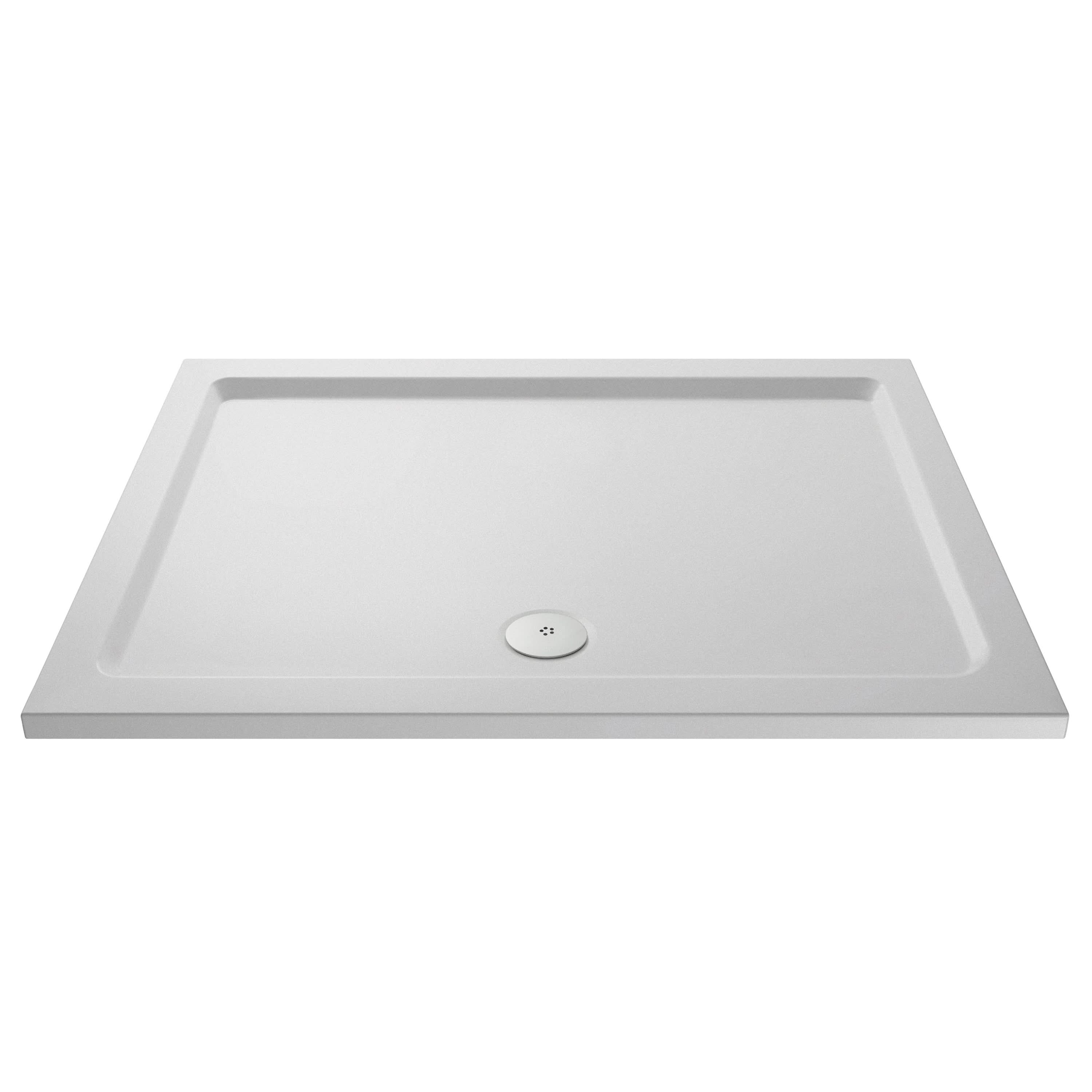 The Nuie Slip Resistant Rectangular Shower Tray in white by Nuie features a smooth, flat surface, raised edges, and an off-center circular drain—ideal for safe installation in any bathroom shower area.