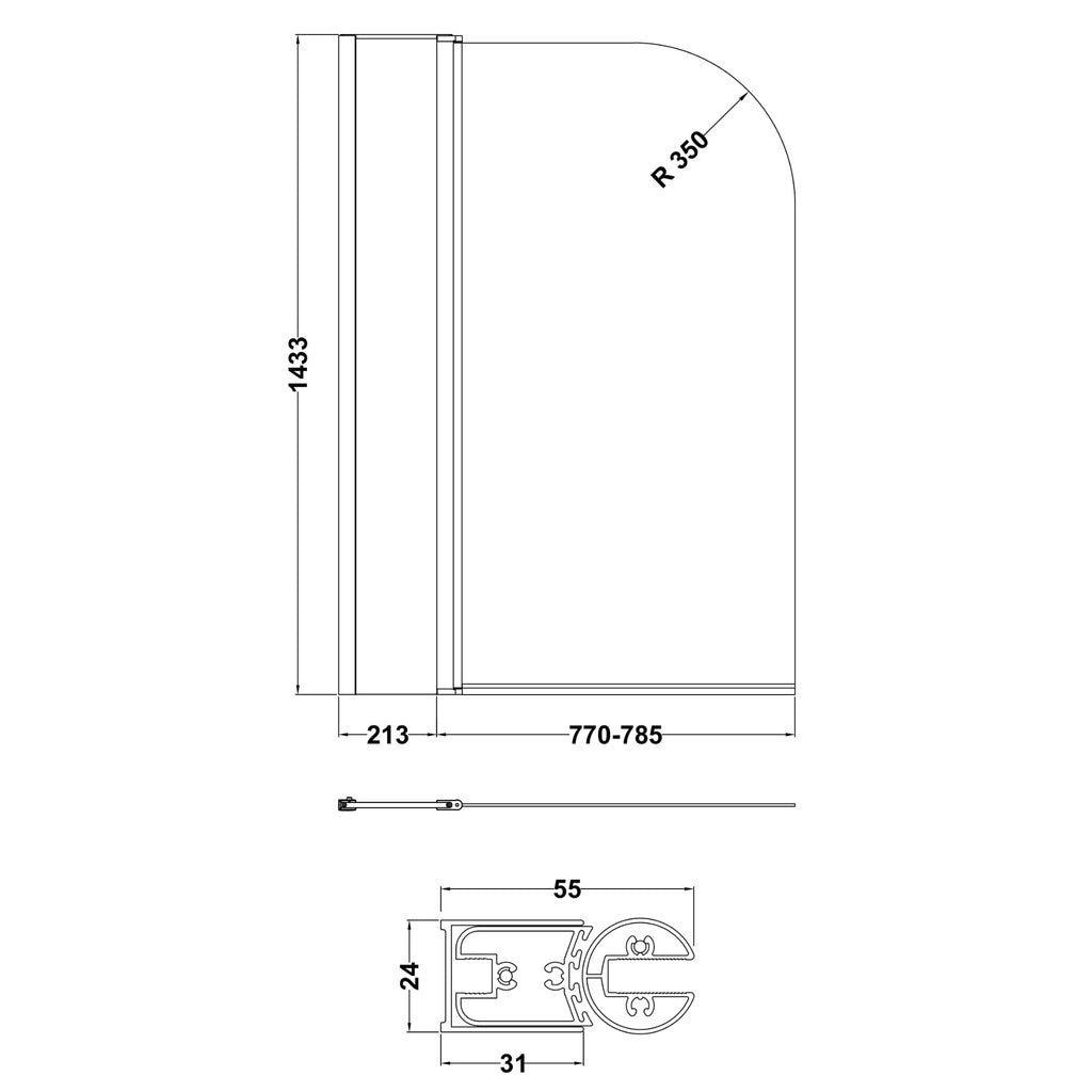 Opulence 6mm Glass Curved Top Bath Screen with Fixed Return Panel - 1430mm x 998mm - Chrome