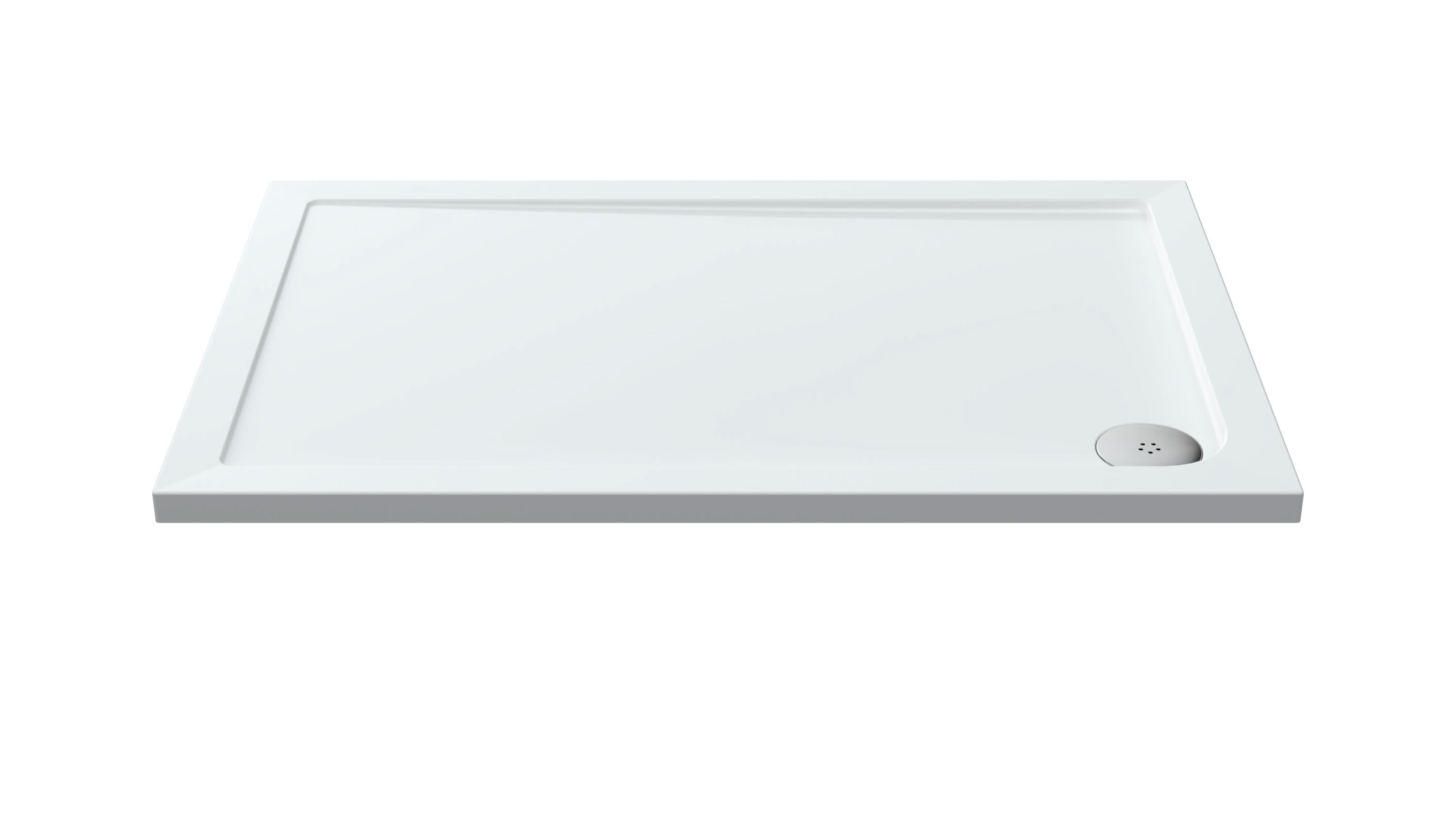 The Nuie Pearlstone Rectangular Shower Tray in white by Nuie features raised edges and a round top-right drain, making it ideal for modern bathrooms. Shown here against a plain white background.