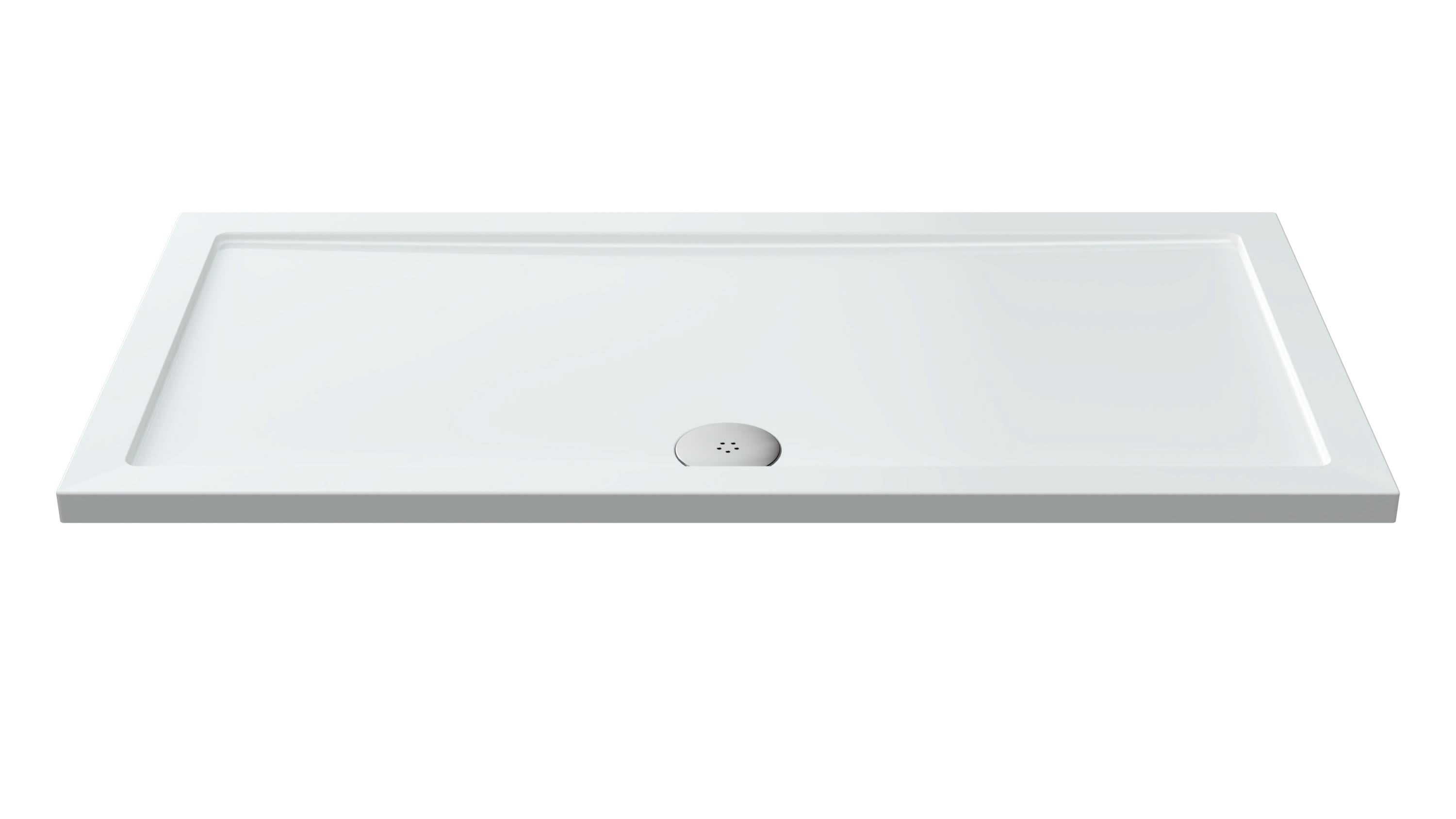 The Nuie Pearlstone Rectangular Shower Tray in white features slightly raised edges and a circular drain hole near one end, perfect for contemporary bathrooms. Presented against a plain white backdrop. Brand: Nuie.