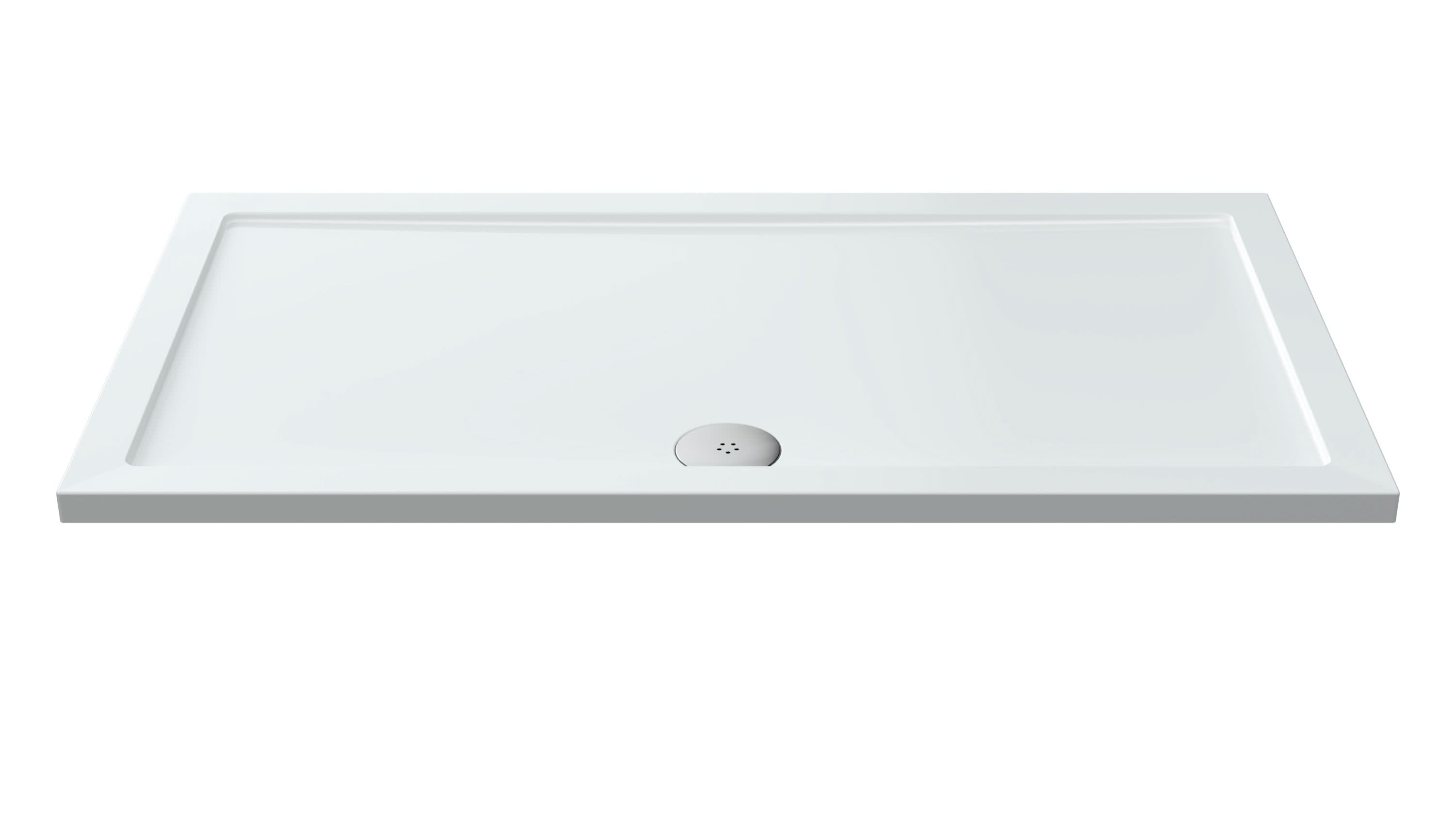 The Nuie Pearlstone Rectangular Shower Tray in white features raised edges and a round drain hole near one corner, combining contemporary style with essential bathroom functionality.