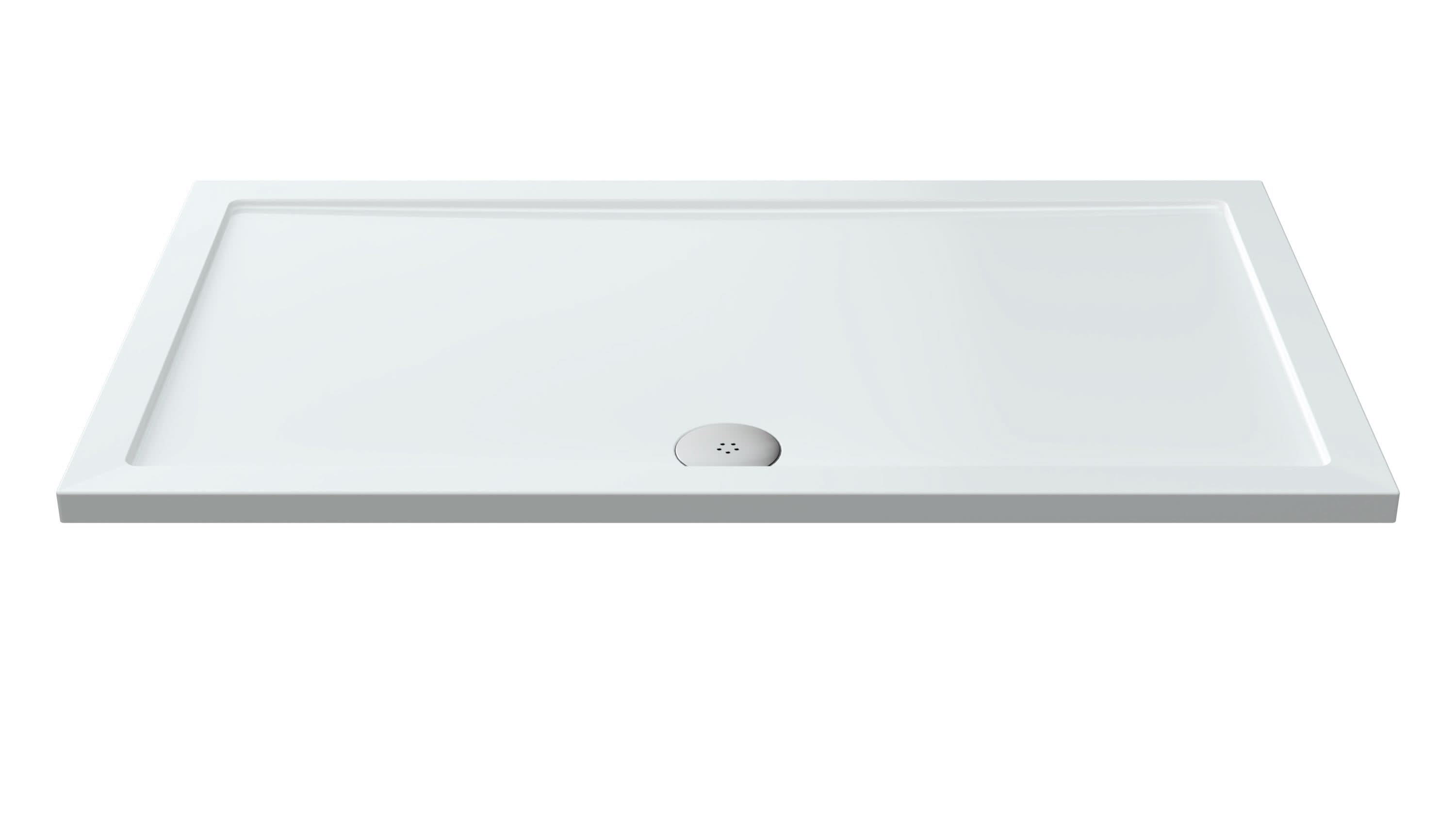 The Nuie Pearlstone Rectangular Shower Tray - White from Nuie boasts a raised edge and circular drain at one end, combining modern style and practicality for any contemporary bathroom.