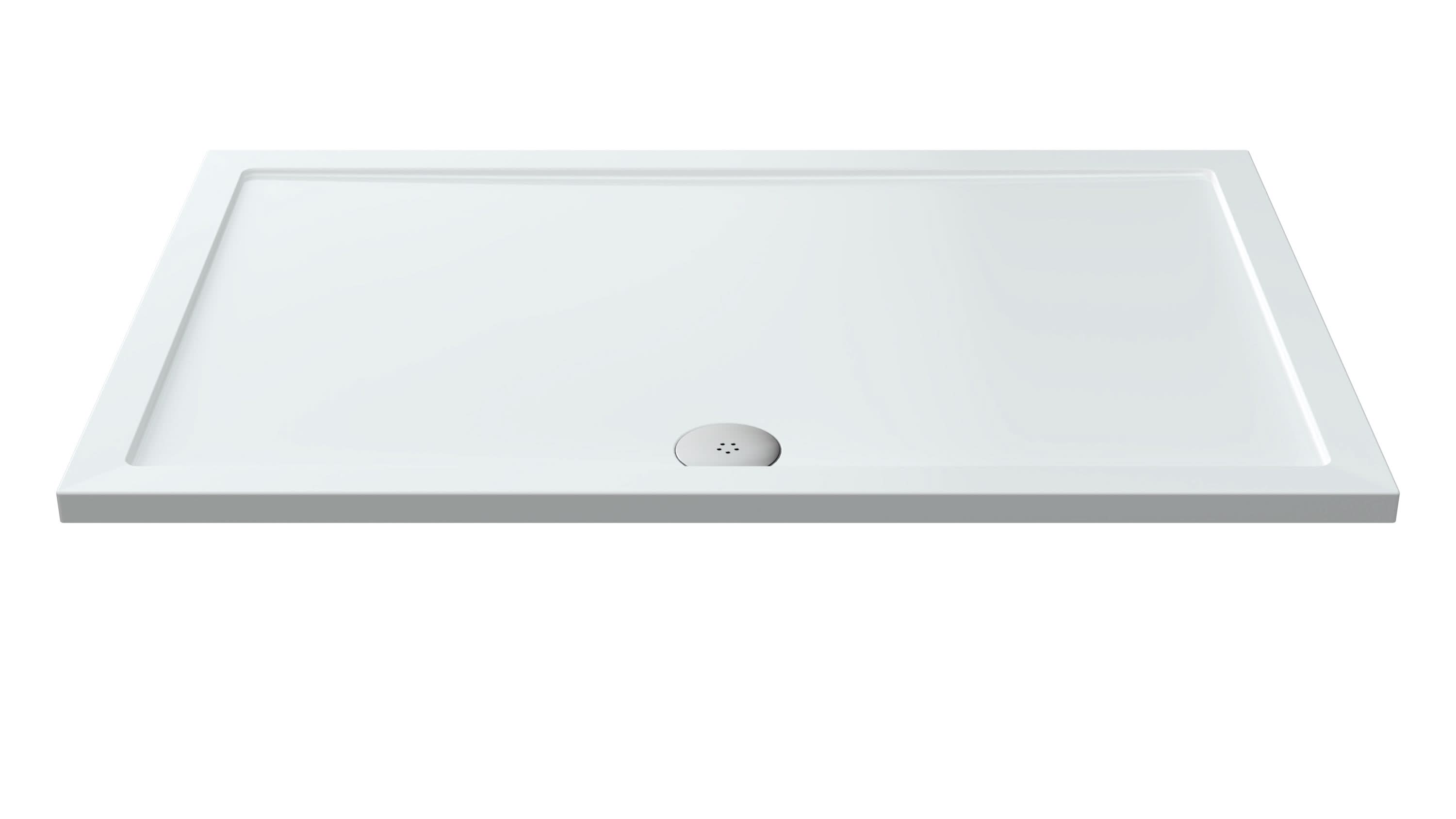 The Nuie Pearlstone Rectangular Shower Tray in white features raised edges and a circular drain near one corner, making it an ideal addition to any modern bathroom. Set against a plain white background.