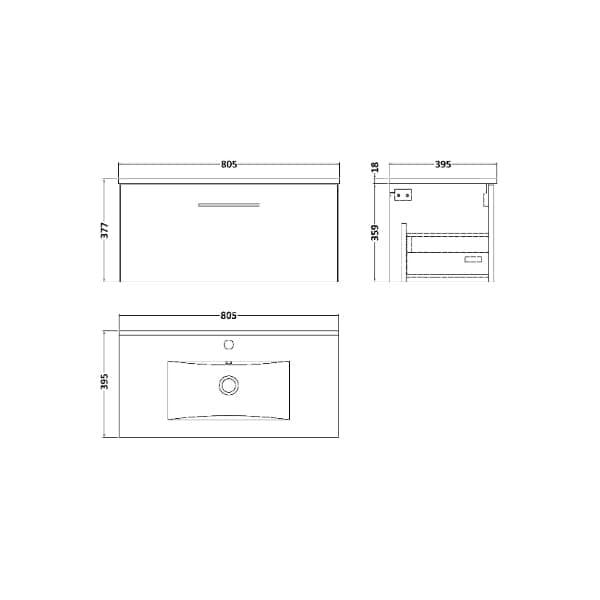 Nuie Wall Hung Vanity Units,Modern Vanity Units,Basins With Wall Hung Vanity Units,Nuie Nuie Arno 1 Drawer Wall Hung Vanity Unit With Basin-2 800mm Wide
