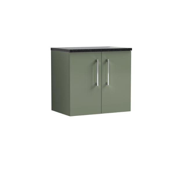Nuie Wall Hung Vanity Units,Modern Vanity Units,Basins With Wall Hung Vanity Units,Nuie Satin Green Nuie Arno 2 Door Wall Hung Vanity Unit With Sparkling Black Worktop 600mm Wide
