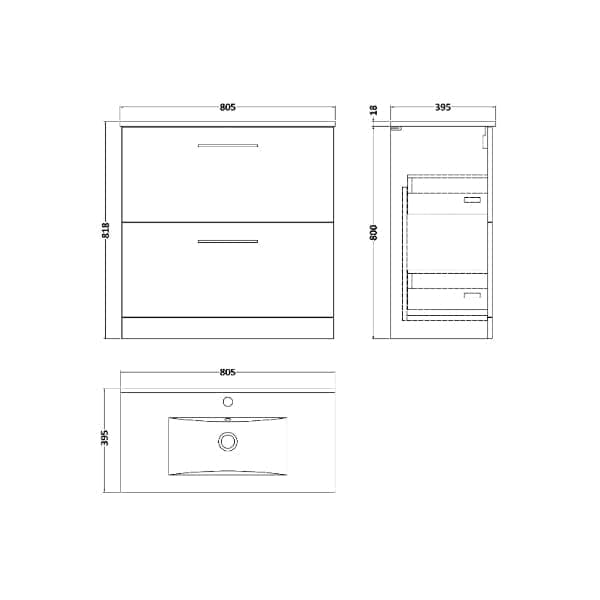 Nuie Floor Standing Vanity Units,Modern Vanity Units,Basins With Floor Standing Vanity Units,Nuie Nuie Arno 2 Drawer Floorstanding Vanity Unit With Basin-2 800mm Wide