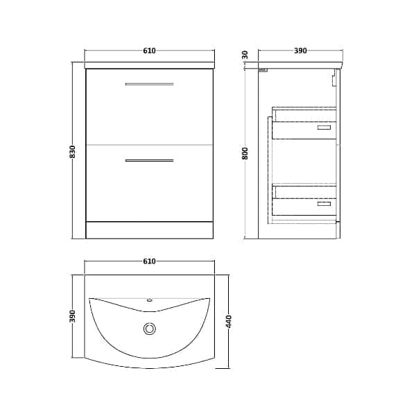 Nuie Floor Standing Vanity Units,Modern Vanity Units,Basins With Floor Standing Vanity Units,Nuie Nuie Arno 2 Drawer Floorstanding Vanity Unit With Basin-4 600mm Wide