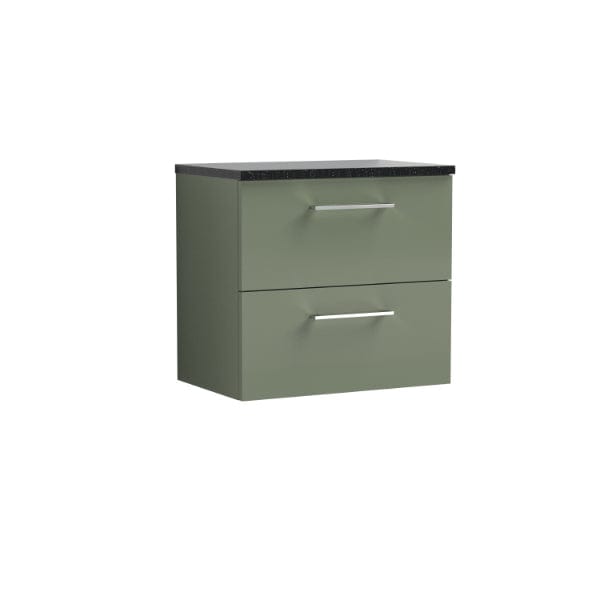 Nuie Wall Hung Vanity Units,Modern Vanity Units,Basins With Wall Hung Vanity Units,Nuie Satin Green / Sparkling Black Worktop Nuie Arno 2 Drawer Wall Hung Vanity Unit 600mm Wide
