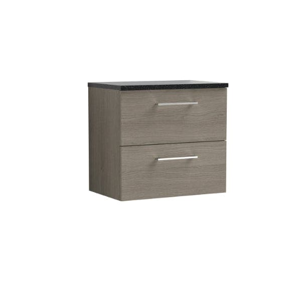 Nuie Wall Hung Vanity Units,Modern Vanity Units,Basins With Wall Hung Vanity Units,Nuie Solace Oak / Sparkling Black Worktop Nuie Arno 2 Drawer Wall Hung Vanity Unit 600mm Wide
