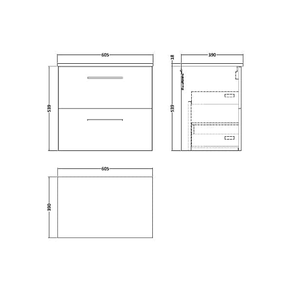 Nuie Wall Hung Vanity Units,Modern Vanity Units,Basins With Wall Hung Vanity Units,Nuie Nuie Arno 2 Drawer Wall Hung Vanity Unit With Worktop 600mm Wide