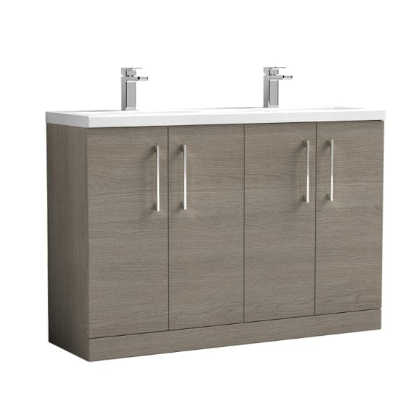 Nuie Floor Standing Vanity Units,Modern Vanity Units,Basins With Floor Standing Vanity Units, Nuie Grey Vicenza Oak Nuie Arno 4 Door Floorstanding Vanity Unit With Double Ceramic Basin 1200mm Wide