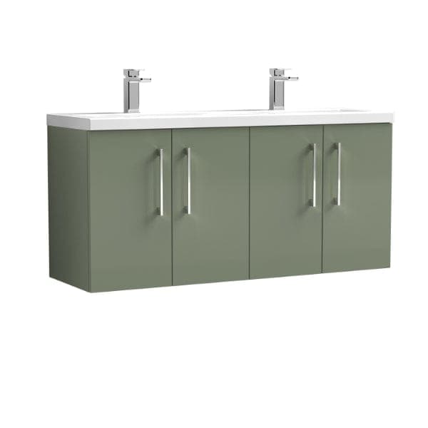 Nuie Wall Hung Vanity Units,Modern Vanity Units,Basins With Wall Hung Vanity Units,Nuie Satin Green Nuie Arno 4 Door Wall Hung Vanity Unit With Double Ceramic Basin 1200mm Wide