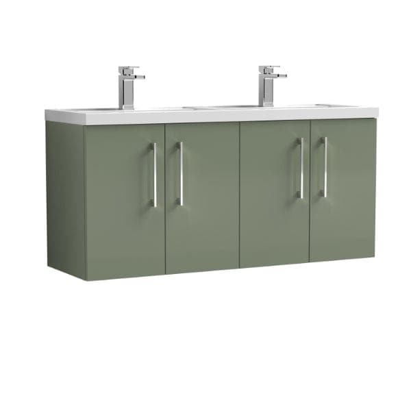 Nuie Wall Hung Vanity Units,Modern Vanity Units,Basins With Wall Hung Vanity Units, Nuie Satin Green Nuie Arno 4 Door Wall Hung Vanity Unit With Double Polymarble Basin 1200mm Wide