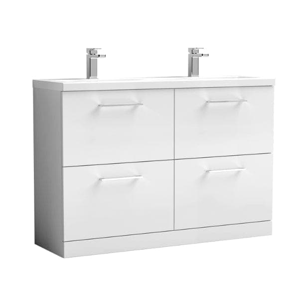 Nuie Floor Standing Vanity Units,Modern Vanity Units,Basins With Floor Standing Vanity Units, Nuie Gloss White Nuie Arno 4 Drawer Floorstanding Vanity Unit With Double Ceramic Basin 1200mm Wide