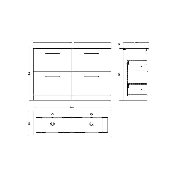 Nuie Floor Standing Vanity Units,Modern Vanity Units,Basins With Floor Standing Vanity Units, Nuie Nuie Arno 4 Drawer Floorstanding Vanity Unit With Double Ceramic Basin 1200mm Wide