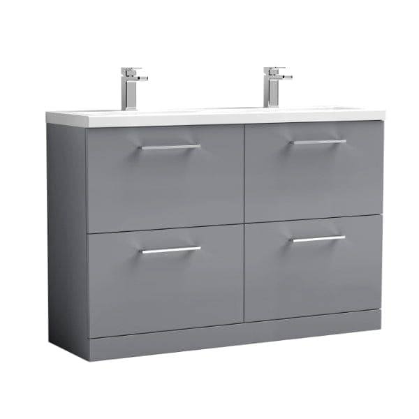 Nuie Floor Standing Vanity Units,Modern Vanity Units,Basins With Floor Standing Vanity Units, Nuie Gloss Mid Grey Nuie Arno 4 Drawer Floorstanding Vanity Unit With Double Ceramic Basin 1200mm Wide