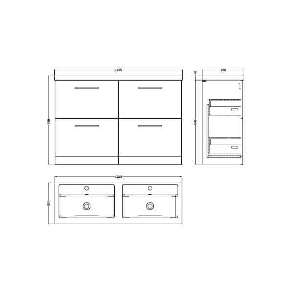 Nuie Floor Standing Vanity Units,Modern Vanity Units,Basins With Floor Standing Vanity Units, Nuie Nuie Arno 4 Drawer Floorstanding Vanity Unit With Double Polymarble Basin 1200mm Wide
