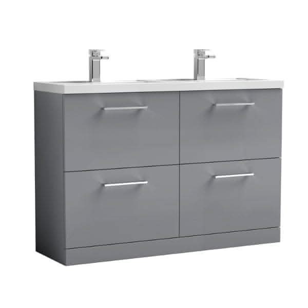 Nuie Floor Standing Vanity Units,Modern Vanity Units,Basins With Floor Standing Vanity Units, Nuie Gloss Mid Grey Nuie Arno 4 Drawer Floorstanding Vanity Unit With Double Polymarble Basin 1200mm Wide