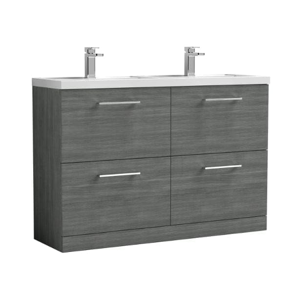Nuie Floor Standing Vanity Units,Modern Vanity Units,Basins With Floor Standing Vanity Units, Nuie Anthracite Woodgrain Nuie Arno 4 Drawer Floorstanding Vanity Unit With Double Polymarble Basin 1200mm Wide